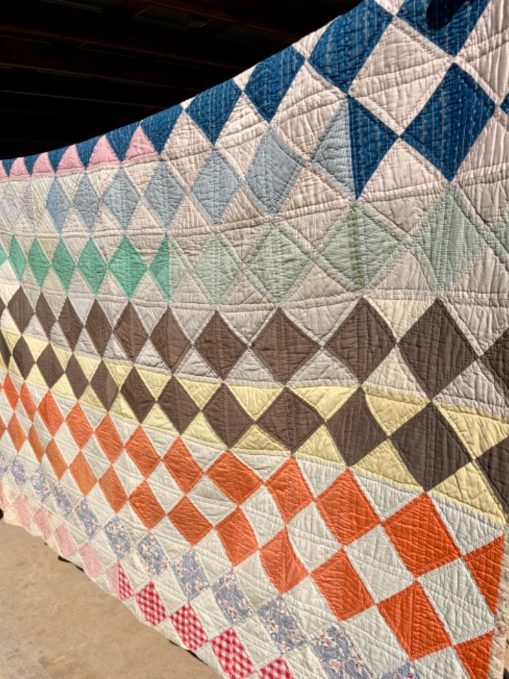 Vintage 1950s Patchwork Quilt 62 x 82, Handmade Hand Quilted Diamond Quilt